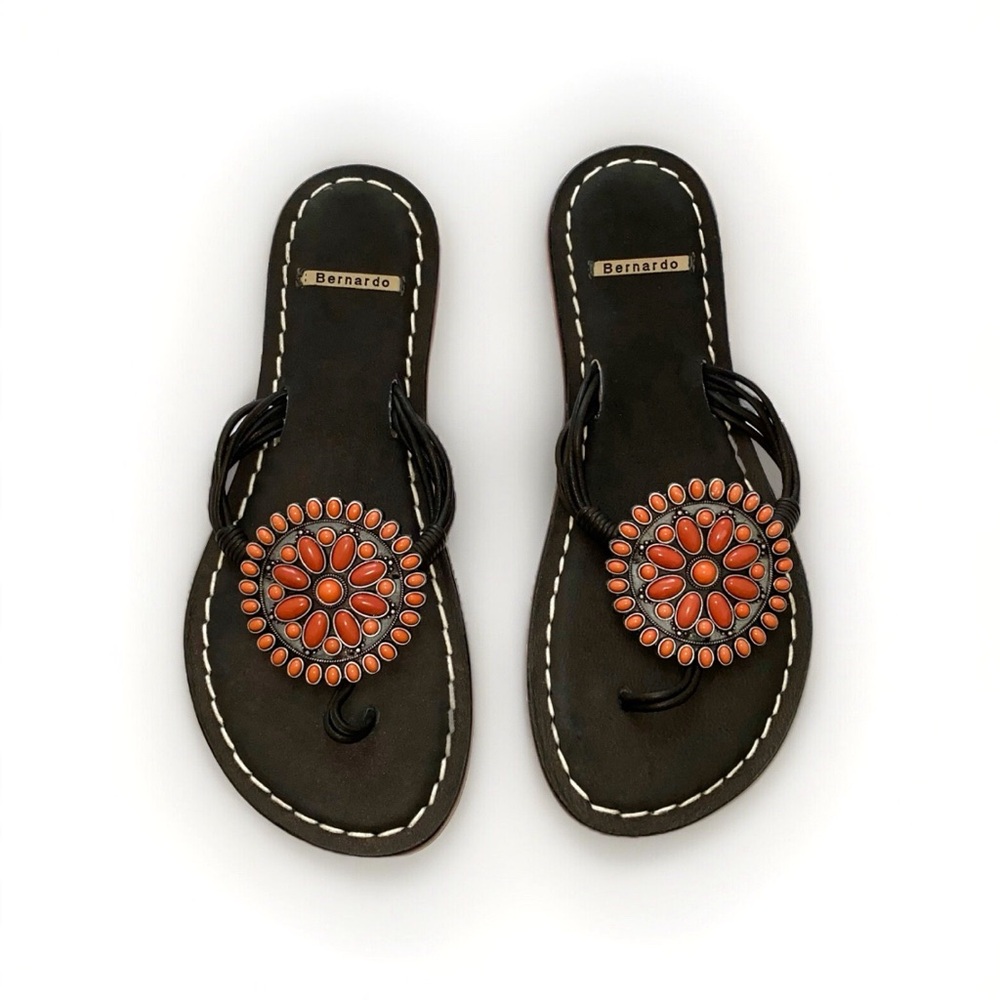 BERNARDO BLACK CORAL ORANGE STONE BEADED MOSAIC THONG SANDALS - Picture 1 of 6